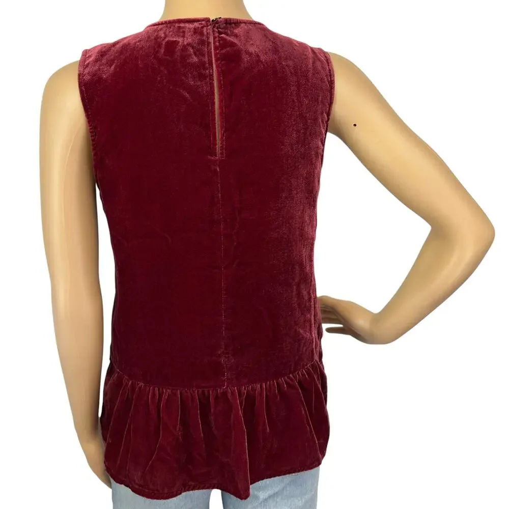 J. Crew Drapey Velvet Peplum Tank Top Deep Burgundy Red H1182 Size 00